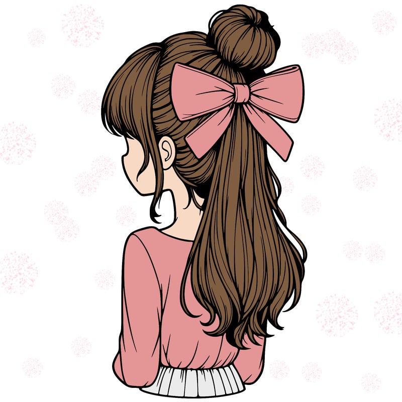 realistic girl  with hip length hair a bun and a big bow on the back of head