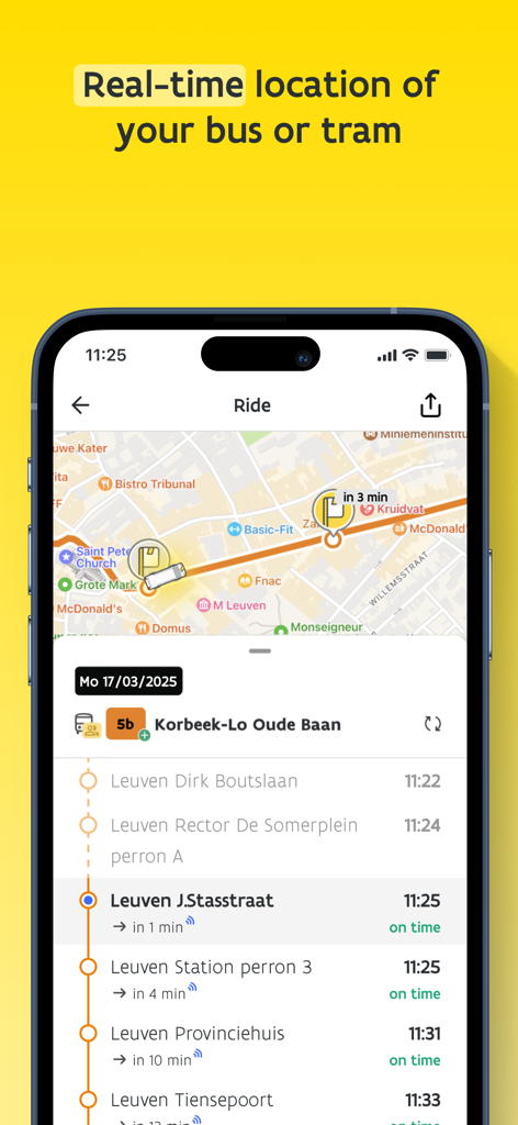 De Lijn - Aplicación móvil De Lijn mostrando la ubicación en tiempo real de un autobús en un mapa y una lista de próximas paradas con horarios de llegada.