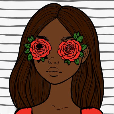 a realistic girl with roses for eyes
