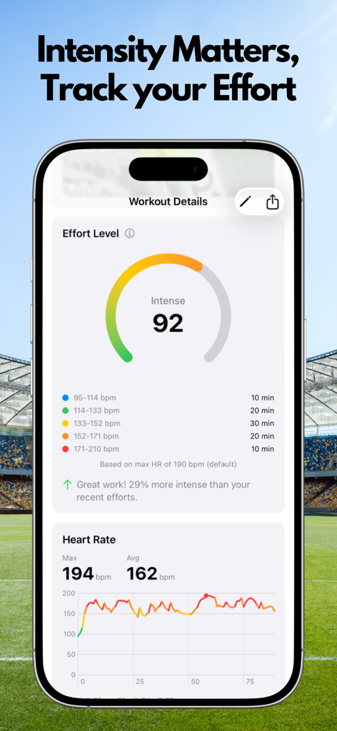 SoccerTrackr - Tela do aplicativo SoccerTrackr mostrando o medidor de nível de esforço e dados de frequência cardíaca durante um treino