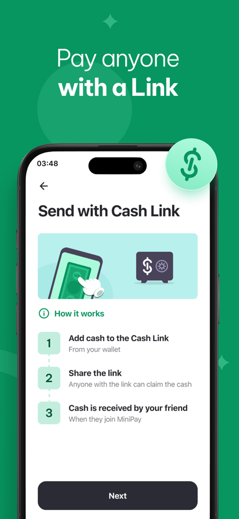 MiniPay: Easy Global Wallet - Interfaz de aplicación móvil para MiniPay que muestra cómo enviar dinero a través de un enlace de efectivo para compartir