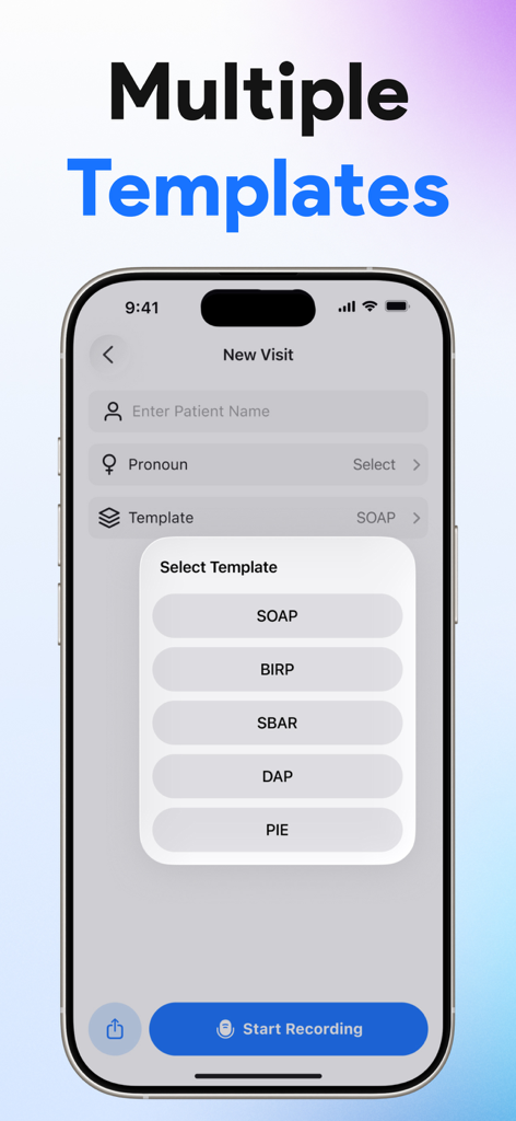 A mobile app interface showing a selection of medical documentation templates including SOAP, BIRP, and SBAR.