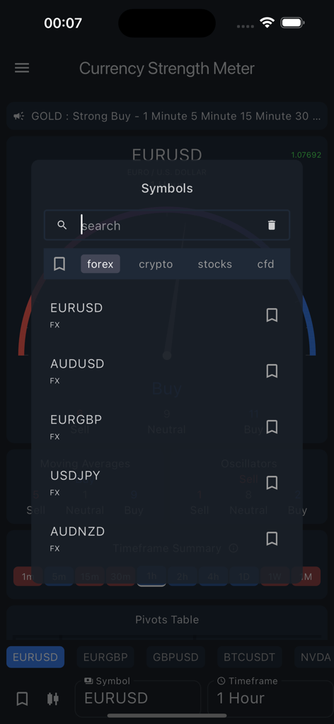 Currency Strength Meter - 外国為替および仮想通貨ペアを特徴とする通貨強弱メーターアプリのシンボル検索メニュー