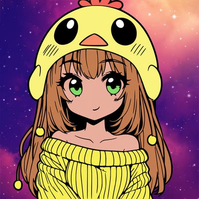 anime girl with chick shaped hat with sweater with bare shoulders with bangs covering them one eye with low tail