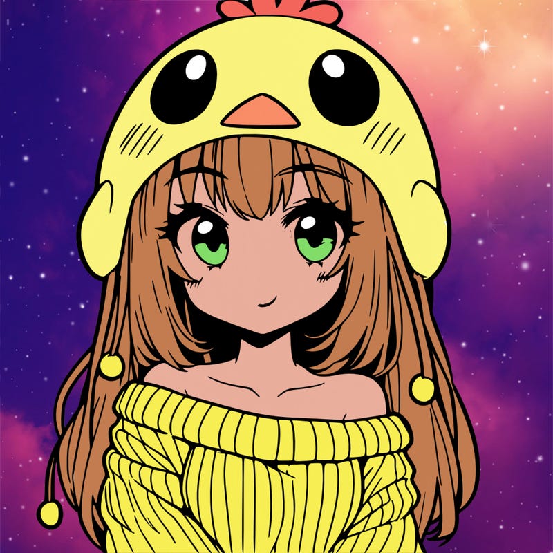 anime girl with chick shaped hat with sweater with bare shoulders with bangs covering them one eye with low tail