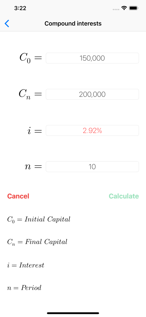 Interface of the FinCalcPro app performing a compound interest calculation to find the interest rate based on initial capital and period