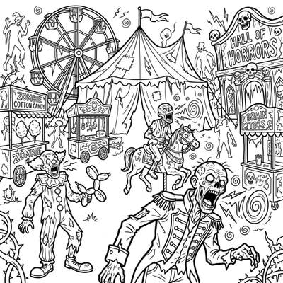 Dive into a chilling carnival scene where Screamer Zombies have taken over! Featuring gruesome attractions and decaying performers, this page offers a thrilling coloring experience.