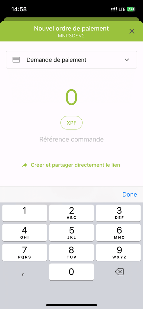 EpayNc - Oberfläche der EpayNc Mobile App zum Erstellen und Teilen einer neuen Zahlungsaufforderung in XPF-Währung