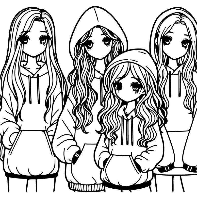 4 girls, one with long straight hair, one with long wavy hair, one with short curly hair, one with short straight hair, all wearing oversized hoodies
