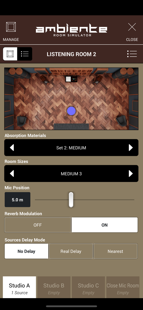 Interface of the Ambiente Room Simulator in SWAM Alto Trombone showing settings for room size mic position and absorption materials