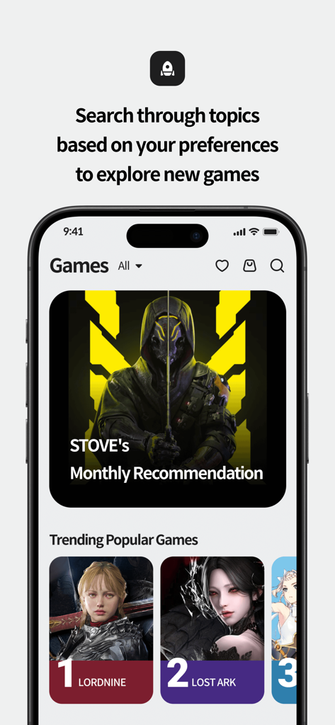 STOVE App - Écran mobile de l'application STOVE affichant des recommandations de jeux mensuelles et des titres tendance comme LordNine et Lost Ark.