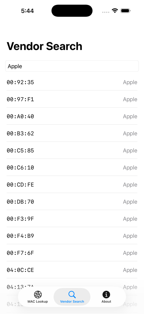 MacLookup app vendor search screen showing a list of MAC address prefixes for Apple