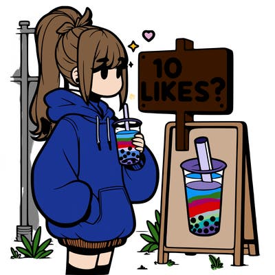 girl with oversized hoodie drinking boba and she has a high ponytail with a sign that says 10likes?