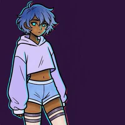 femboy with short hair wearing thigh highs and baggy crop top