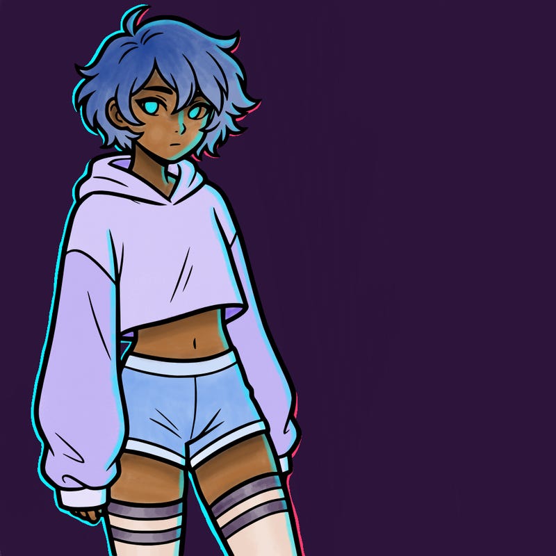 femboy with short hair wearing thigh highs and baggy crop top