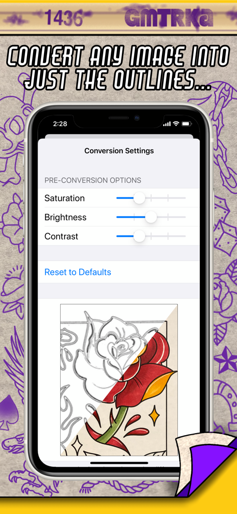 Interfaz móvil de la aplicación Tattoo Print System que muestra la conversión de un diseño de rosa colorido en un contorno de stencil limpio