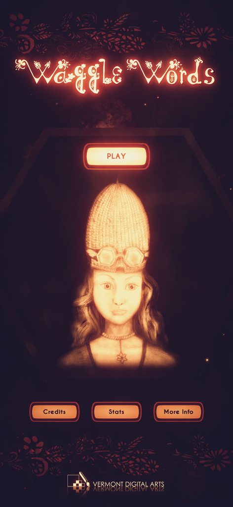 Menu principale del gioco Waggle Words che mostra una ragazza con un cappello ad alveare e il pulsante gioca.