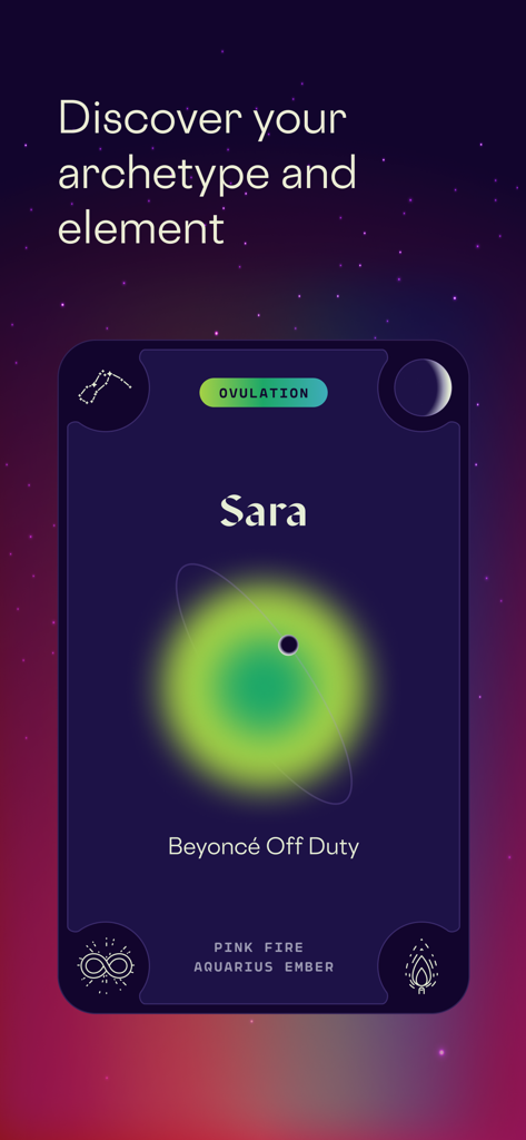 Stardust Period Tracker - Pantalla de Stardust Period Tracker que muestra un arquetipo de ciclo de usuaria y una tarjeta de personalidad elemental con diseño cósmico.