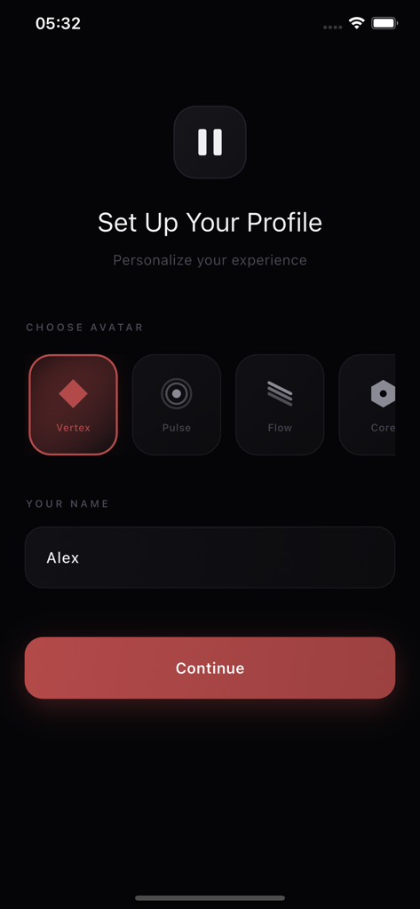 The profile setup screen of the Pause Marker app featuring avatar selection and a name input field.