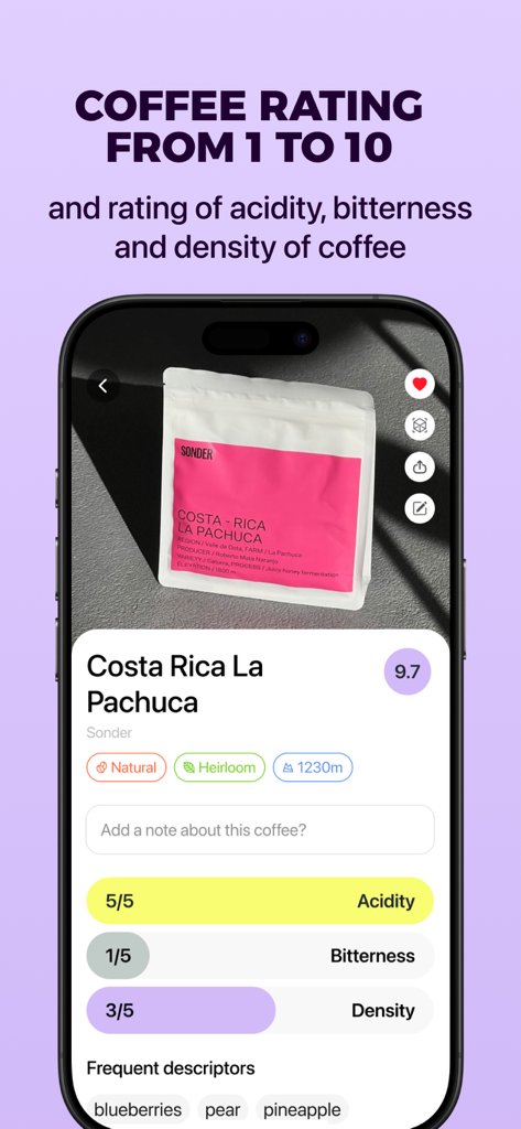 BrewRate – Coffee Reviews - Detailed coffee rating screen in BrewRate app showing acidity bitterness and density levels for Costa Rica beans.