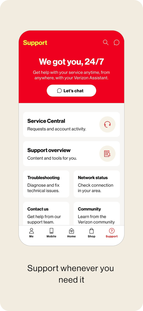 The support page of the My Verizon app offering 24/7 customer assistance and self-service troubleshooting tools
