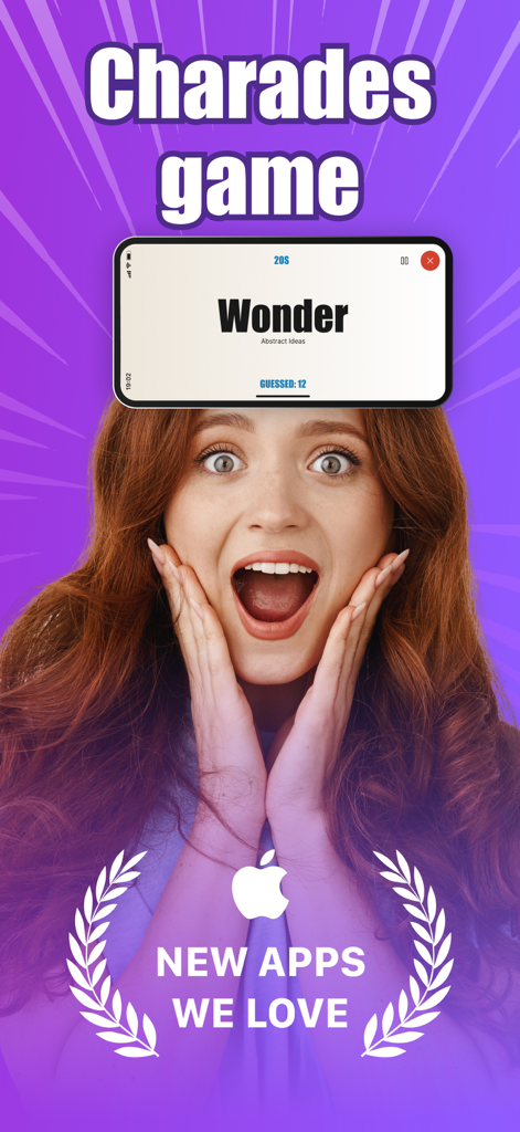 Charades: Party & Group Games - Una mujer sorprendida jugando al juego de fiesta Charades con un teléfono sostenido en su frente mostrando la palabra Maravilla.
