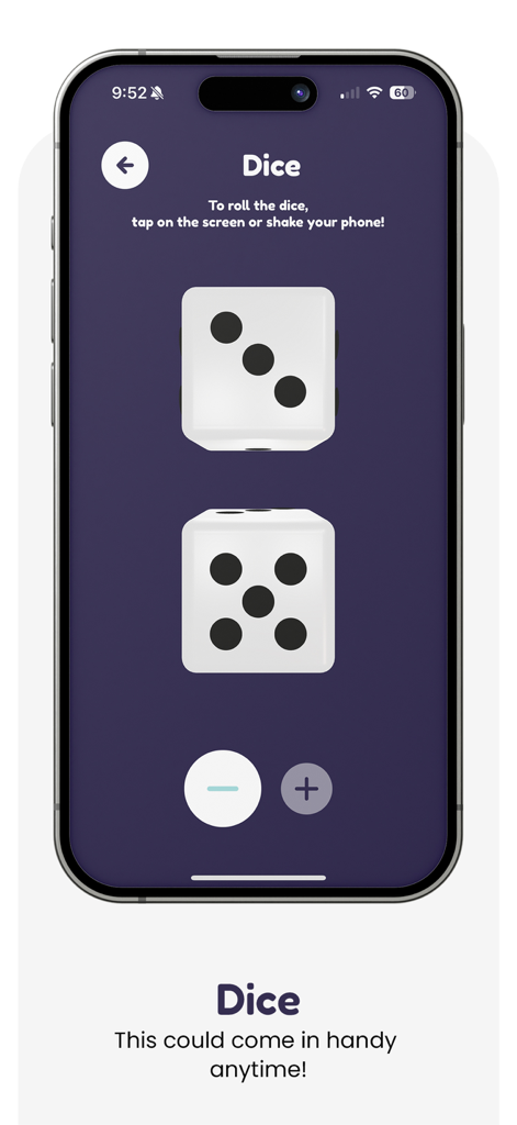 Eufória - The Party Game - Ein Smartphone, das die virtuelle Würfelfunktion in der Euforia Partygame-App zeigt