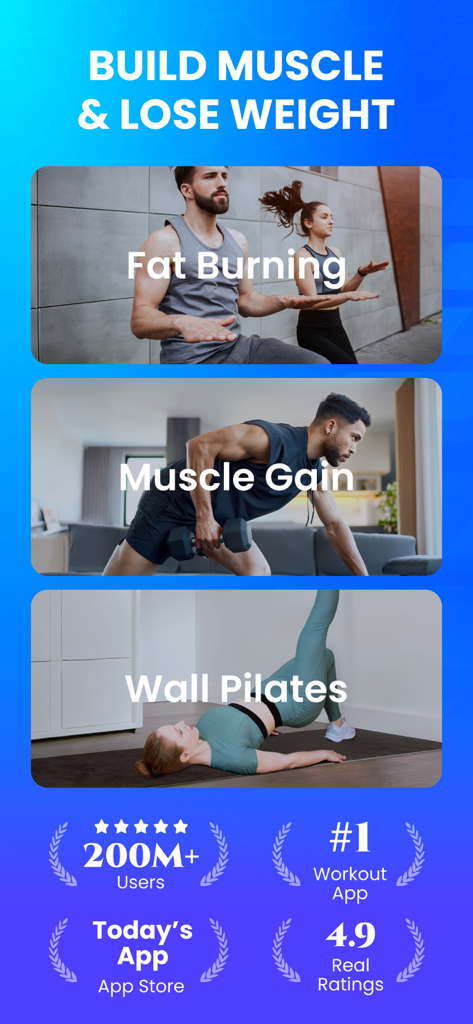 Home Workout app features showing fat burning muscle gain and wall pilates categories with high user ratings and accolades