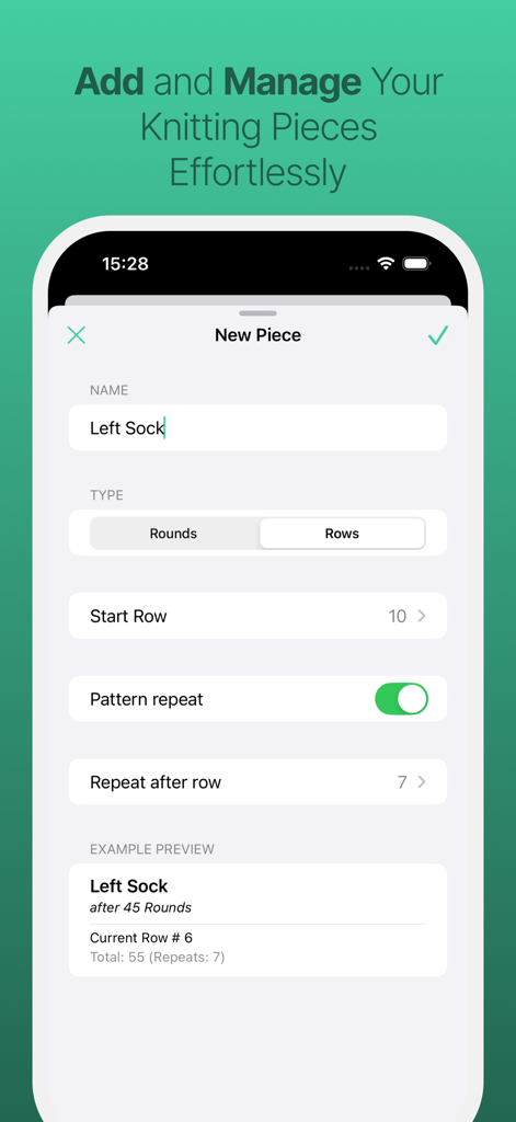 Interface of the Yarnify app for setting up a new knitting project piece with row and repeat counters