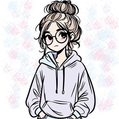 teen girl with a messy bun and glasses wearing a loose hoodie and jeans