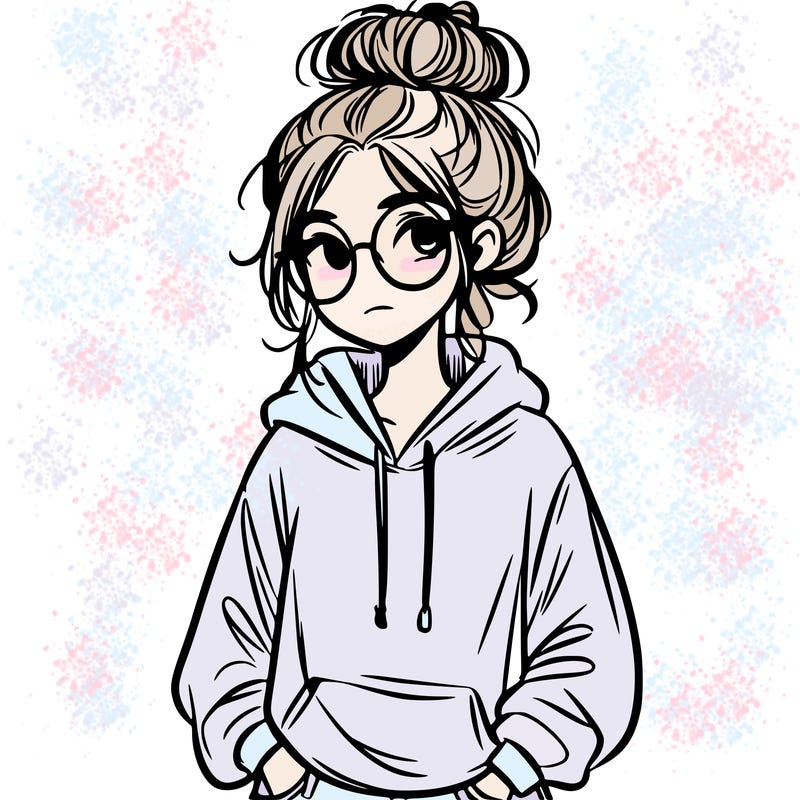 teen girl with a messy bun and glasses wearing a loose hoodie and jeans