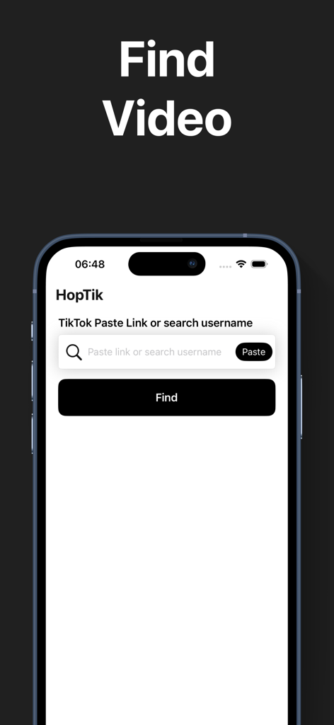 링크 또는 사용자 이름으로 TikTok 동영상을 검색하는 HopTik 앱 인터페이스