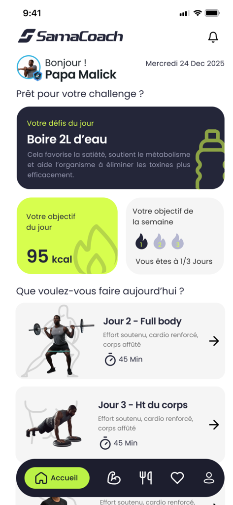 SamaCoach - Interface de l'application SamaCoach montrant un tableau de bord de fitness avec des défis quotidiens de consommation d'eau et des routines d'entraînement.