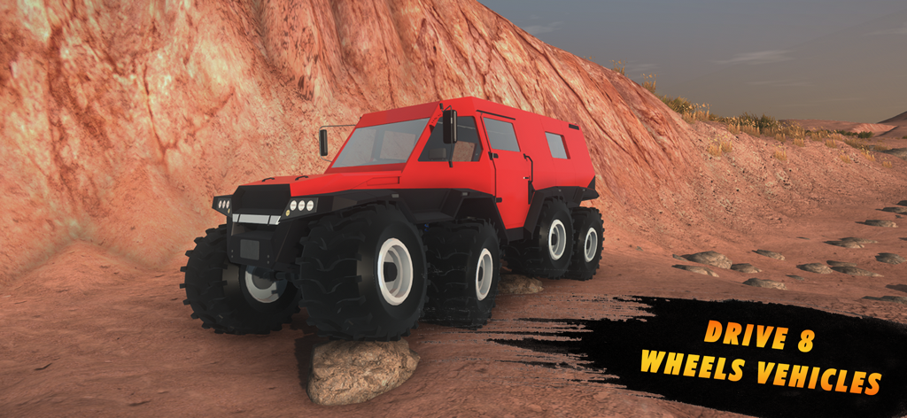 Real Offroad 4x4 Mud Trucks - A red eight wheeled offroad vehicle driving through a rocky desert landscape