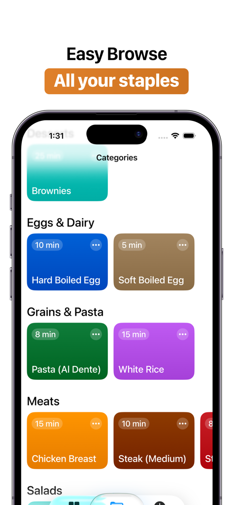 Cooking Timer+ Multiple Timers - Cooking Timer app screen showing categorized presets for eggs pasta and meat with color coded tiles