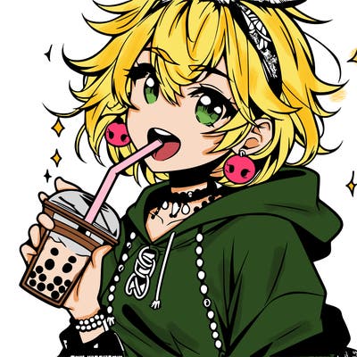 hot baddie anime girl drinking boba and biting the straw