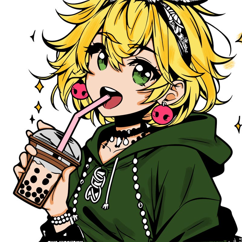hot baddie anime girl drinking boba and biting the straw