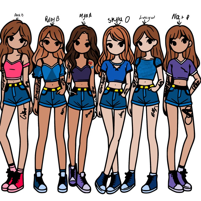 a group of girls wearing crop tops and shorts