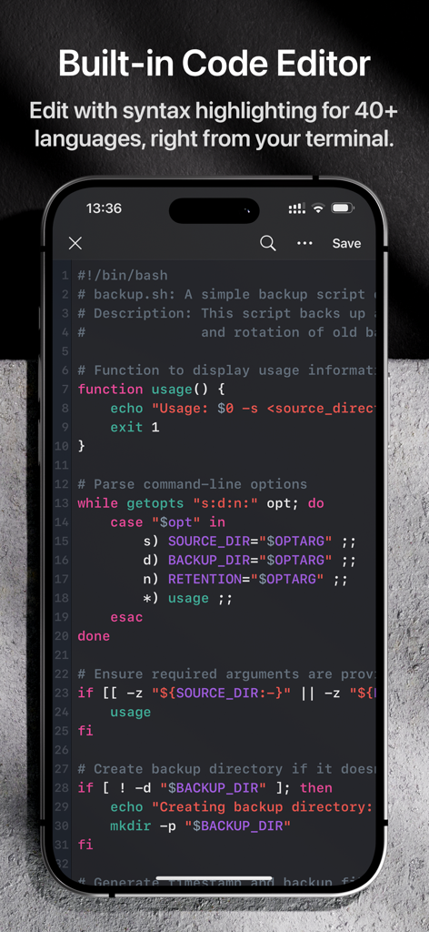 Termix Pro: SSH & SFTP Client - Termix Pro built-in code editor with syntax highlighting for shell scripts on iPhone