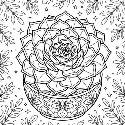 Unleash your creativity with this stunning Echeveria succulent coloring page, showcasing its iconic rosette form nestled in a decorative pot. The intricate details and surrounding botanical elements offer a rich and rewarding artistic experience for all ages.