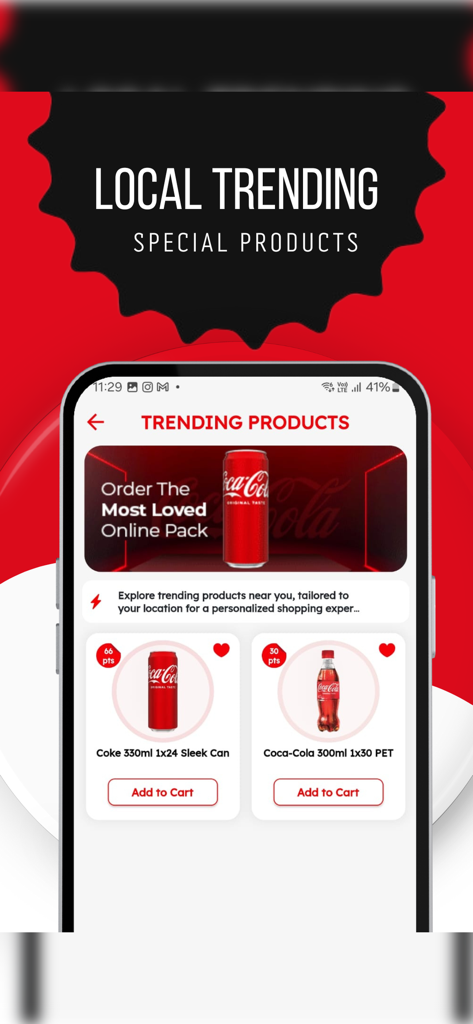 Trending products interface of the Coke B2B app featuring Coca-Cola beverage options with add to cart buttons and reward points.