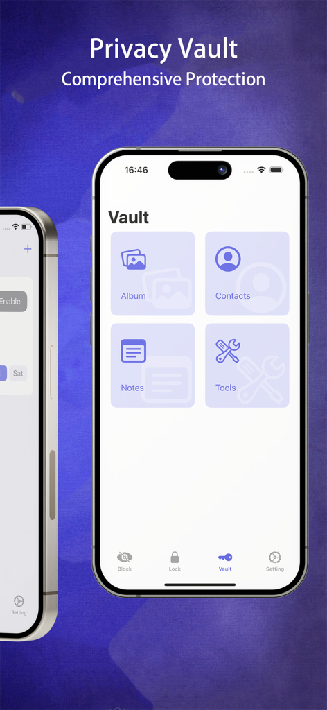 App Lock – Apps Blocker - Der Bildschirm „Privater Tresor“ in der App App Lock, der Optionen zur Sicherung von Alben, Kontakten und Notizen zeigt.