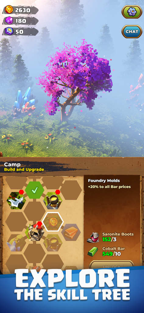 Orecraft: Mining Camp - A hexagonal skill tree interface in Orecraft Mining Camp showing camp upgrades and crafting requirements