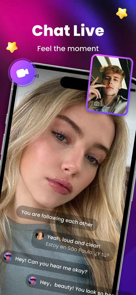 Tiko - Spark Your Creativity - Una interfaz de videollamada en vivo dentro de la aplicación Tiko que muestra una sesión de chat de usuario.