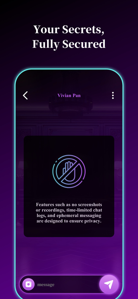 Purpo dating app privacy interface highlighting screenshot protection and disappearing messages for user security