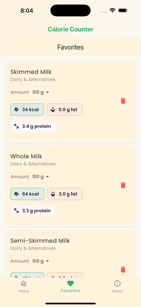 Favorites screen of the Calorie Counter app showing nutritional data for skimmed milk and whole milk including calories fat and protein