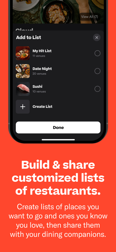 Resy - Interface of the Resy app on iPhone showing options to build and share customized restaurant lists