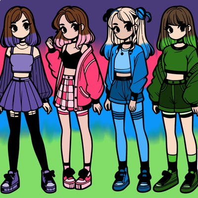 one girl with crop-top shirt and a jacket with a skirt, long socks and another girl with a shirt and pants with a jacket