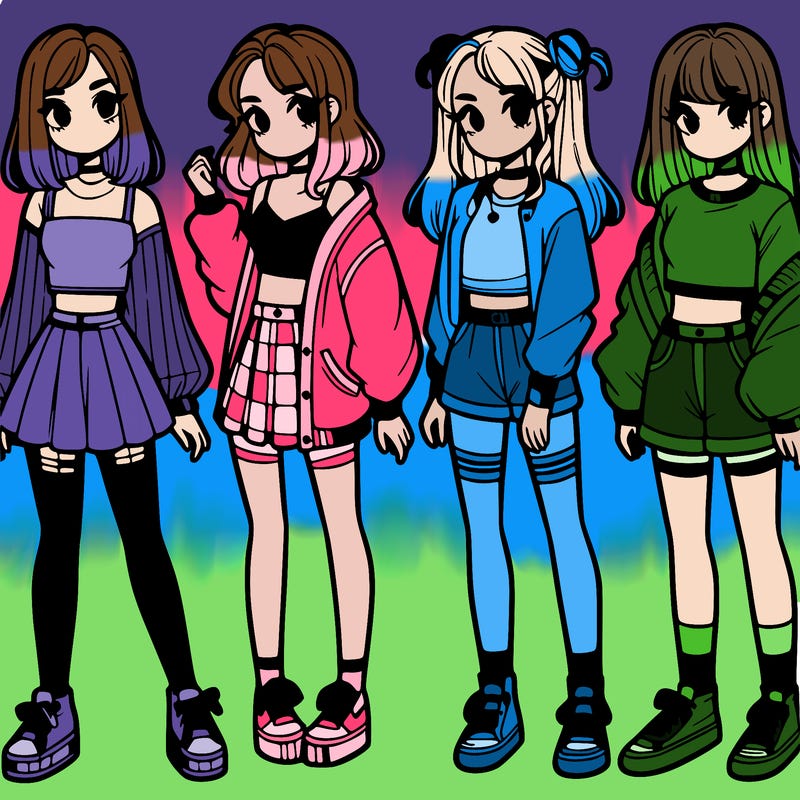 one girl with crop-top shirt and a jacket with a skirt, long socks and another girl with a shirt and pants with a jacket