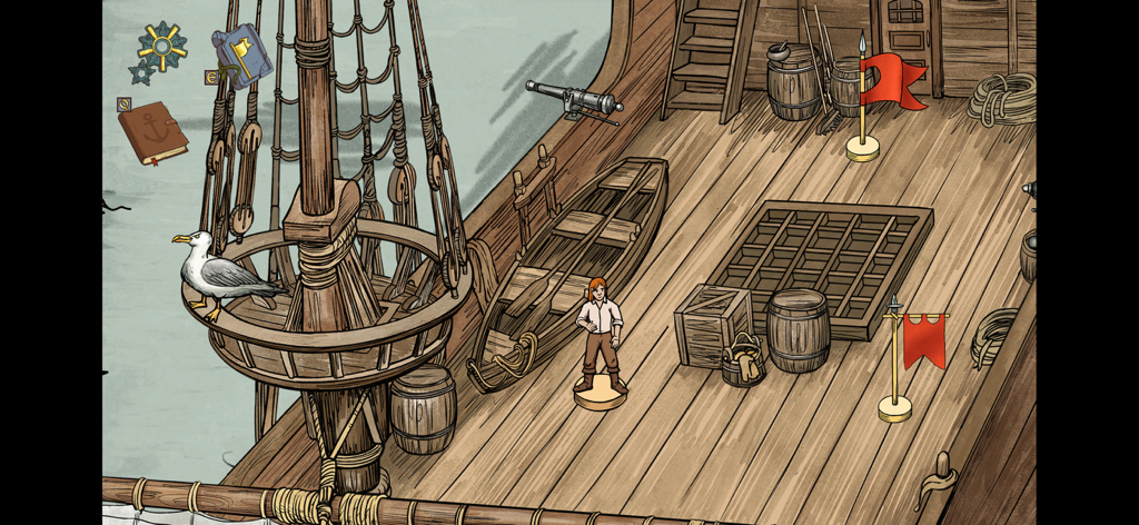 Choice of Life Wild Islands - Un personaje de pie en la cubierta de madera de un barco de vela con una gaviota y barriles.